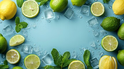 Top view of lemon and ice cubes in a backdrop like a frame representing summer freshness with a big copy space, Generative AI.