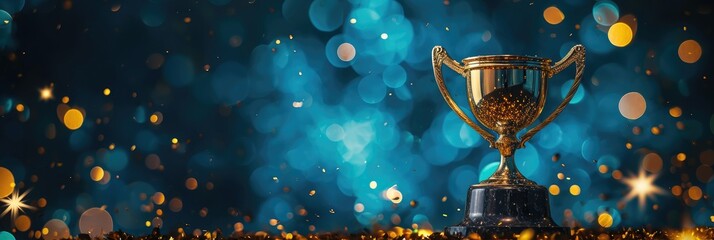 A golden and silver shiny chrome championship cup or winner's trophy adorned with celebratory confetti and ribbon decorations.