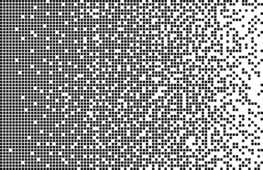 Abstract mosaic background. Horizontal pixel gradient. Pixel art backdrop with a place for your text. Monochrome.