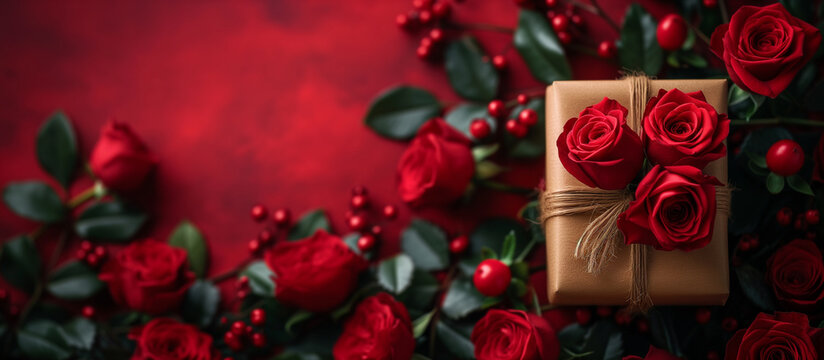Gift and red rose flower background. Floral wallpaper, banner. February 14, valentine's day, love, 8 march women's day theme present.	