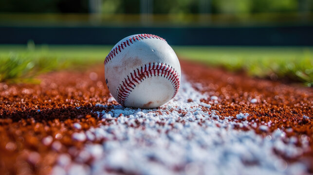 A pristine baseball resting on the infield chalk line of a well-maintained baseball field. 