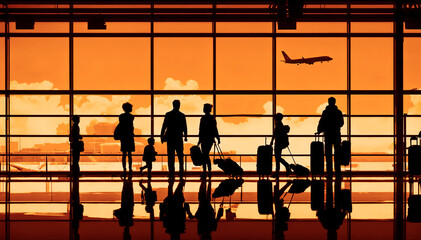 People walking with suitcases in airport corridor. Business travelers in the airport terminal. silhouette of crowds walking with luggage. people pulling hand luggage, airport terminal, travel theme