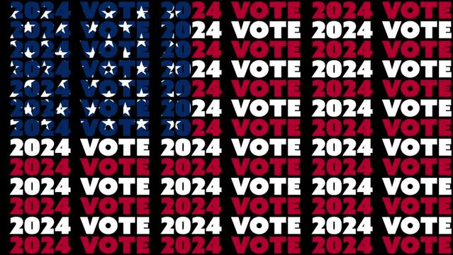 A USA vote 2024 text motion graphic design video aligned with the red, white and blue stars and stripes of the American flag