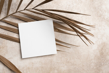 Blank paper square card mockup with copy space and botanical decor
