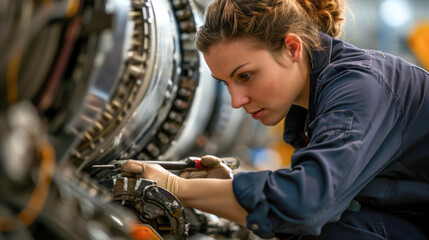 Skilled Female Mechanic Working on Aircraft Engine in Hangar