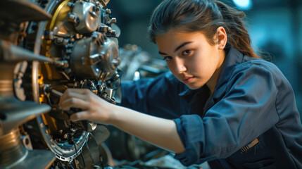 Fototapeta na wymiar Skilled Female Mechanic Working on Aircraft Engine in Hangar
