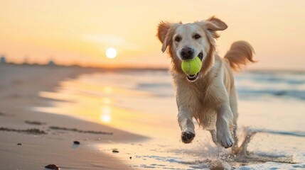 Joyful Golden Retriever Playing with Tennis Ball on Beach at Sunrise