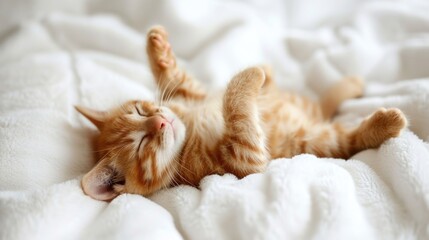 Sleeping Ginger Kitten on a Fluffy White Blanket: The Epitome of Comfort and Cuteness