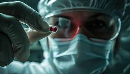 A physician, equipped with a bacteriological protective suit, focused on inspecting an antidote vial for a potentially dangerous virus. - obrazy, fototapety, plakaty