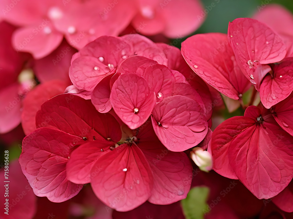 Poster red petals of hydrangea close-up macro photography generative ai.