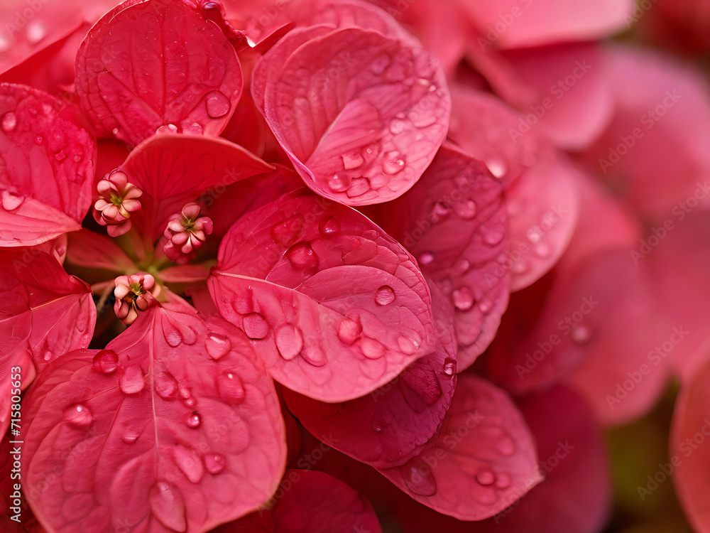 Poster red petals of hydrangea close-up macro photography generative ai.