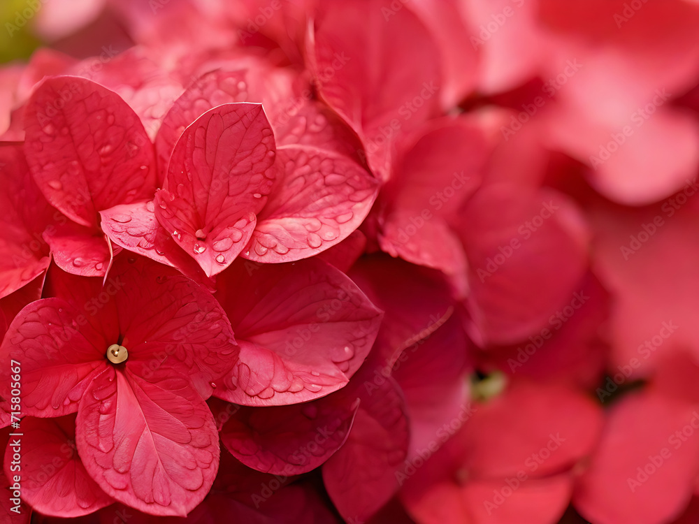 Poster red petals of hydrangea close-up macro photography generative ai.