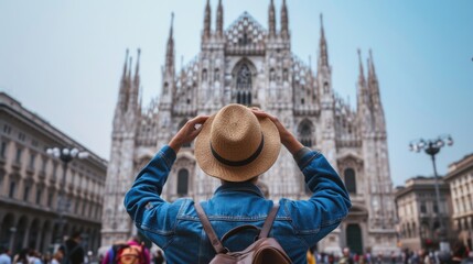 Traveler Admiring the Majestic Milan Cathedral, Duomo di Milano: A Journey through History - obrazy, fototapety, plakaty