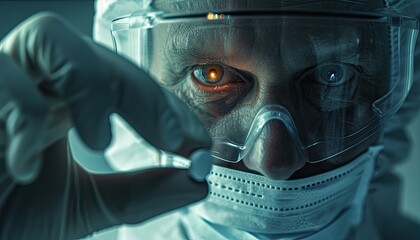 a doctor in a protective suit scrutinizing an antidote vial as a precaution against a hazardous virus. - obrazy, fototapety, plakaty