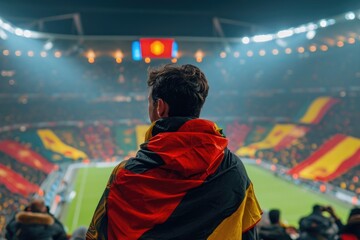 Soccer fan or football fan with flag at cheering while winning match. Generative AI