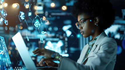 Woman is working intently on a laptop in a dark office environment, surrounded by glowing digital graphics and interface elements