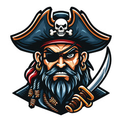 Fototapeta premium Angry pirate head face with hat and eye patch mascot design vector illustration, logo template isolated on white background