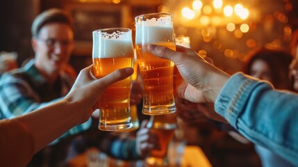 Friends Toasting with Beer Glasses in a Pub - obrazy, fototapety, plakaty