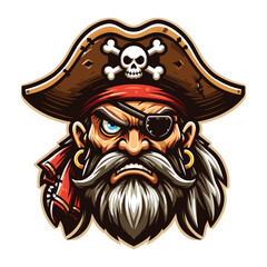 Fototapeta premium Angry pirate head face with hat and eye patch mascot design vector illustration, logo template isolated on white background