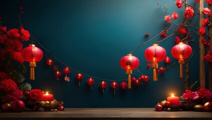 Obraz premium a lively atmosphere with a Chinese New Year banner, beautifully featuring lanterns against a dynamic background