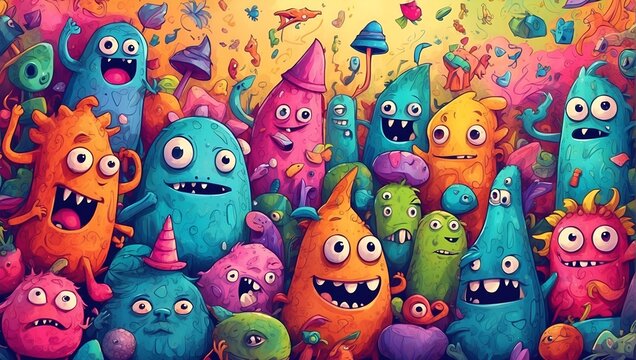 doodle illustration that creates cute and quirky monster characters, brightly colored to liven up the image