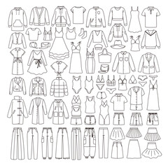 Different clothes in outline style. Woman clothing includes jackets, pants, hats, coat, sweaters, dresses, skirts and socks