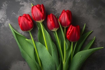 Five red tulips with green leaves. Generative AI