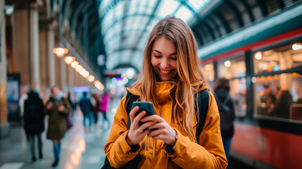 Young Caucasian woman in a yellow jacket in international airport terminal or modern train station. Backpacker passenger female at train station waiting to take a train and travel. Using mobile phone