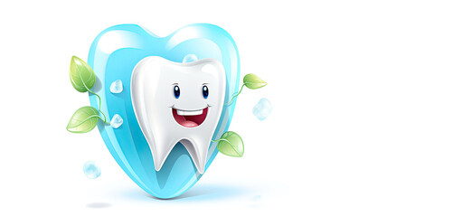Cartoon tooth on a blue shield with mint leaves and ice cubes on a white background. The concept of oral hygiene and fresh breath.