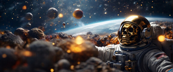 Fototapeta premium An astronaut turned into a skull floats in the abyss of space, surrounded by a cosmic ocean of galaxies and nebulae that form unique constellations. The bubbles surrounding him contain fragments