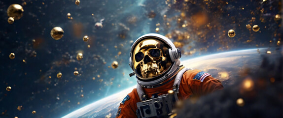 An astronaut turned into a skull floats in the abyss of space, surrounded by a cosmic ocean of galaxies and nebulae that form unique constellations. The bubbles surrounding him contain fragments - obrazy, fototapety, plakaty
