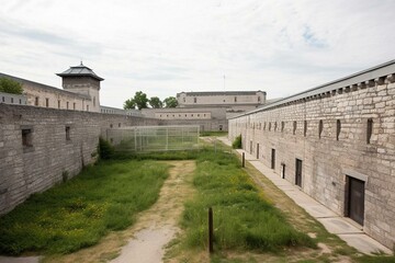 View of yard at Kingston Penitentiary with high stone walls, barbed wire, and guard tower. Generative AI