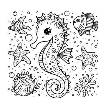 Cute seahorse coloring book page, line art, outline