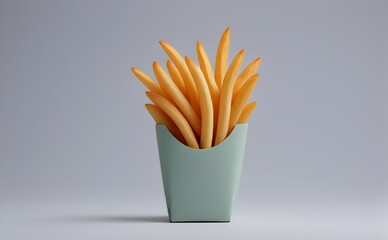 Stylized 3D rendering of orange wooden pencils in a light green holder, mimicking the look of a french fries box, on a grey background
