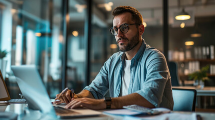 Man smiling while working on a laptop in a modern office environment