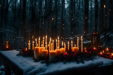 table with burning candles on New Year's Eve in the forest