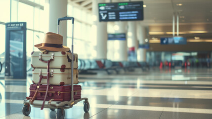 Stack suitcases of varying sizes and colors with a straw hat on top, placed on a luggage trolley
