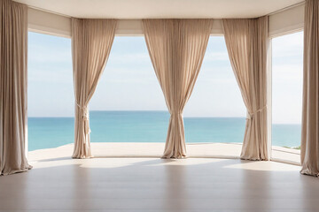 Curtains on the terrace with sea view. Nobody inside