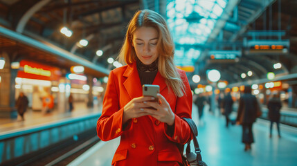 Enjoying travel. Young happy Caucasian business woman wearing a style red suit holding mobile phone standing in city subway using smartphone for texting, checking apps for public transport, metro or