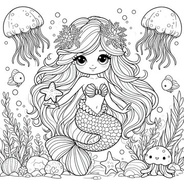 Mermaid coloring book page, line art