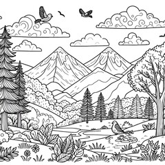 Winter landscape with trees, coloring page, line art, illustration, outline, sketch, silhouette