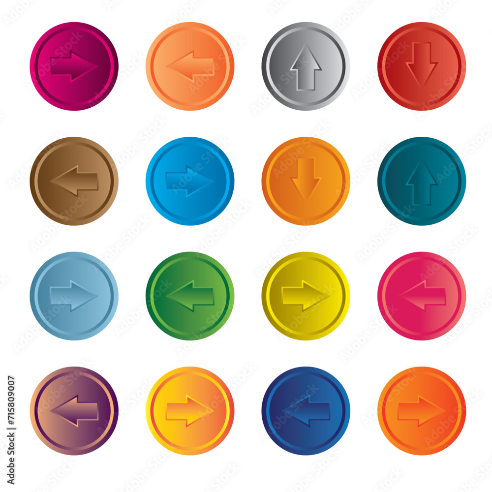 Poster set of colorful buttons. arrows symbol for web, app, button, ui, ux design. set of arrow icon, vecto