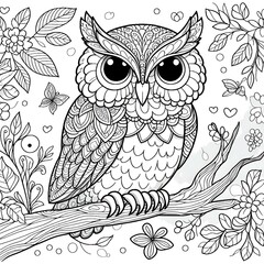 Cute owl coloring book page, outline, line art