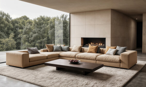 contemporary luxury living room interior with stylish furniture and fireplace in beige mood and tone