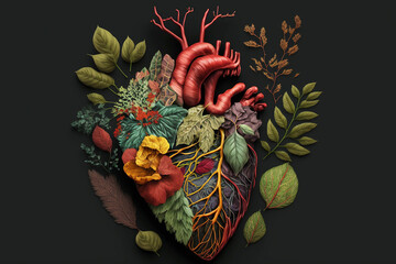 Naklejka premium anatomical human heart made of flowers and leaves . 