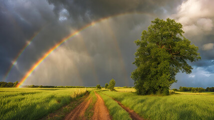 Vibrant Rainbow Arching Over Dark Stormy Sky in Rural Summer Landscape