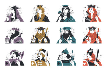 Vector collection of playing cards. King, queen, jack of different suits
