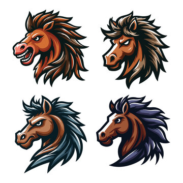 set of brave strong animal horse head face mascot design vector illustration, logo template isolated on white background
