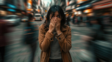 Fototapeta premium Distressed woman standing on a busy street, covering her face with her hands, with the world around her blurred in motion