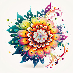 draw a detailed flat colorful whimsical fractal flower motif with dots and stripes Design inside on a white background. Generative AI